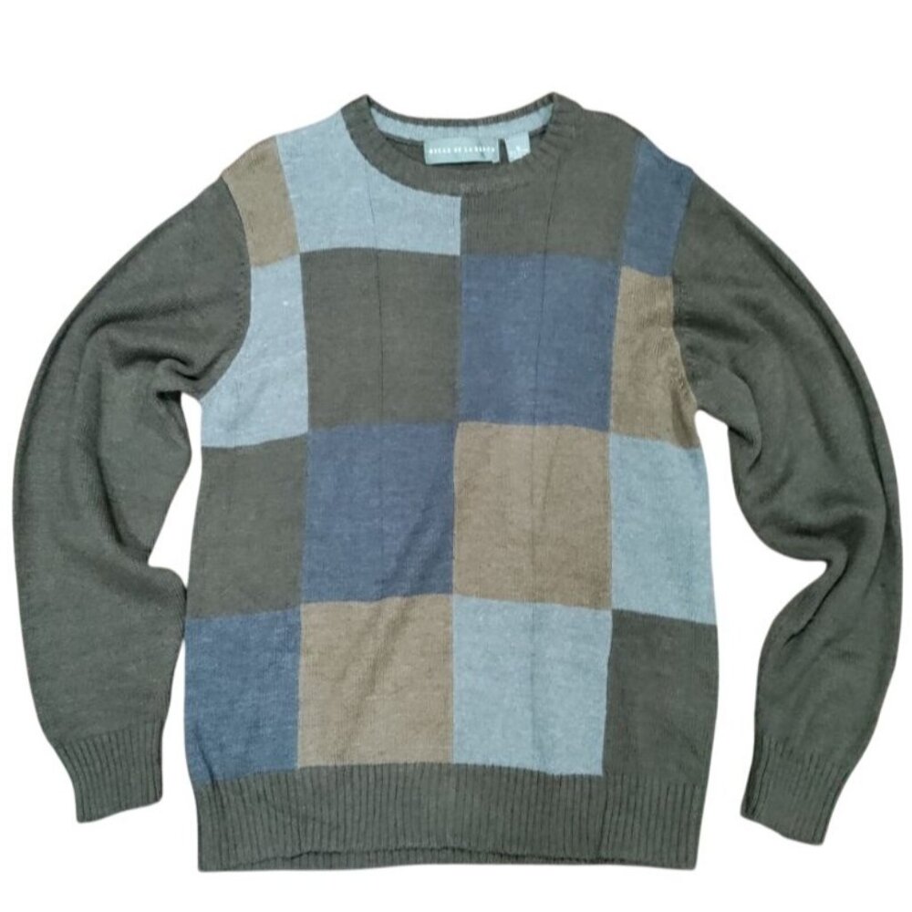 Oscar Dela Renta Patchwork Color Block Crew Neck Pullover Knit Sweater Men's M
